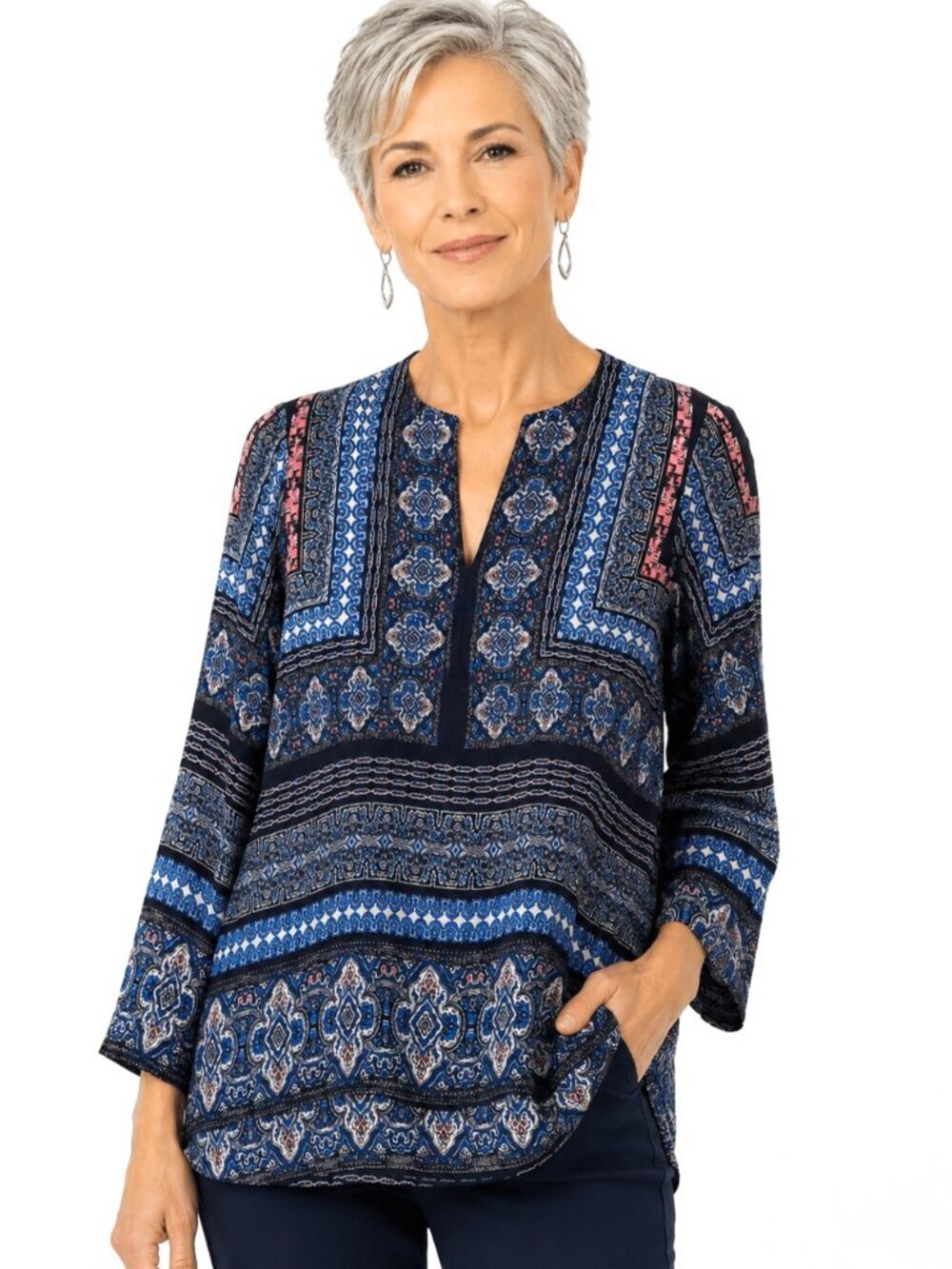 Renee C. Blue Black Print Hi-Lo V-Neck Tunic
